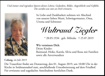 Traueranzeige von Waltraud Ziegler von Neue Presse Coburg