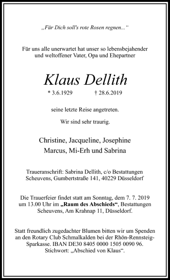 Traueranzeige von Klaus Dellith von Südthüringer Presse
