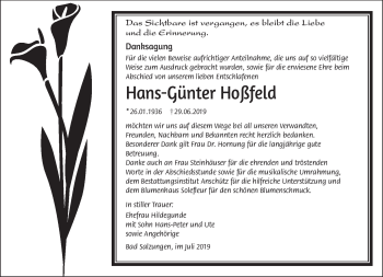 Traueranzeige von Hans-Günter Hoßfeld von Südthüringer Presse