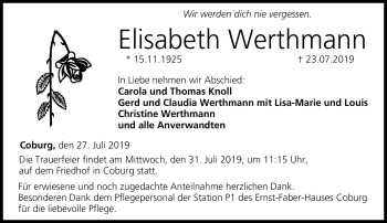 Traueranzeige von Elisabeth Werthmann von Neue Presse Coburg
