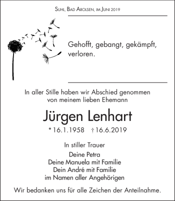 Traueranzeige von Jürgen Lenhart von Südthüringer Presse