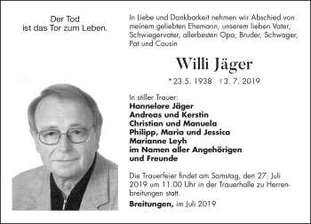 Traueranzeige von Willi Jäger von Südthüringer Presse