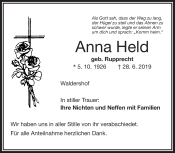 Traueranzeige von Anna Held von Frankenpost