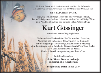 Traueranzeige von Kurt Gössinger von Südthüringer Presse