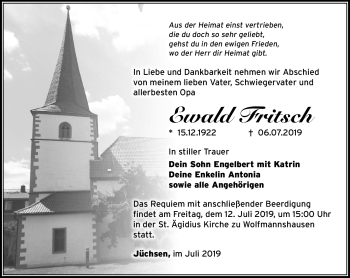 Traueranzeige von Ewald Frisch von Südthüringer Presse