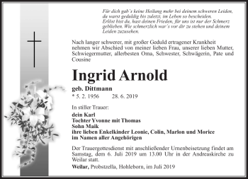 Traueranzeige von Ingrid Arnold von Südthüringer Presse