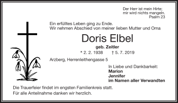 Traueranzeige von Doris Elbel von Frankenpost