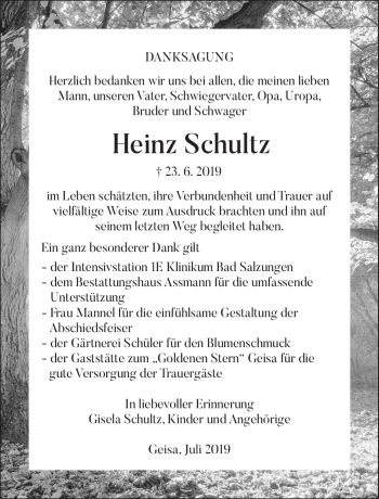 Traueranzeige von Heinz Schultz von Südthüringer Presse