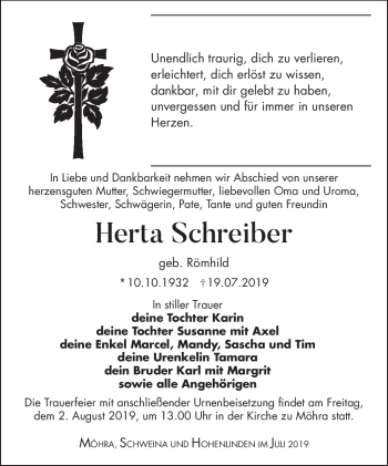 Traueranzeige von Herta Schreiber von Südthüringer Presse