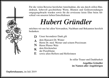 Traueranzeige von Hubert Gründler von Südthüringer Presse