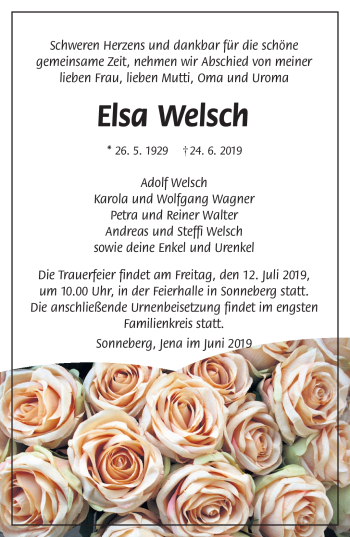 Traueranzeige von Elsa Welsch von Südthüringer Presse