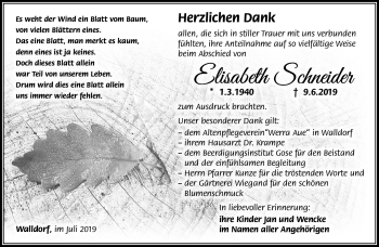Traueranzeige von Elisabeth Schneider von Südthüringer Presse