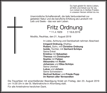 Traueranzeige von Fritz Ordnung von Frankenpost