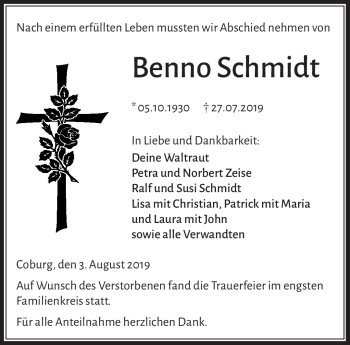 Traueranzeige von Benno Schmidt von Neue Presse Coburg