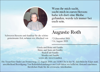 Traueranzeige von Auguste Roth von Neue Presse Coburg
