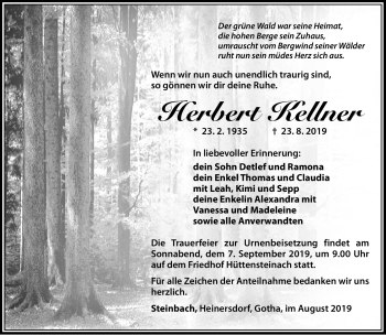 Traueranzeige von Herbert Kellner von Südthüringer Presse