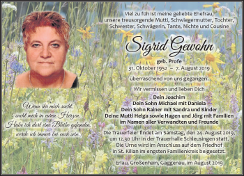 Traueranzeige von Sigrid Gewohn von Südthüringer Presse