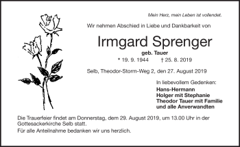 Traueranzeige von Irmgard Sprenger von Frankenpost