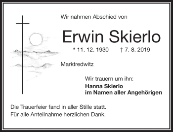 Traueranzeige von Erwin Skierlo von Frankenpost
