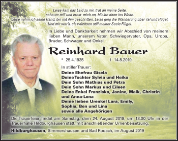 Traueranzeige von Reinhard Bauer von Südthüringer Presse