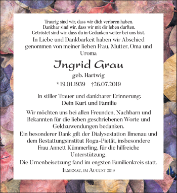 Traueranzeige von Ingrid Grau von Südthüringer Presse