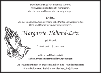 Traueranzeige von Margarete Holland-Letz von Südthüringer Presse