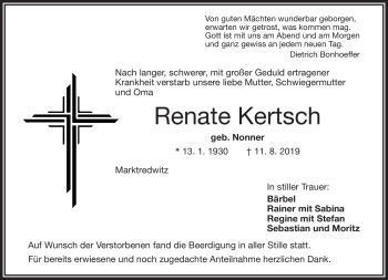 Traueranzeige von Renate Kertsch von Frankenpost