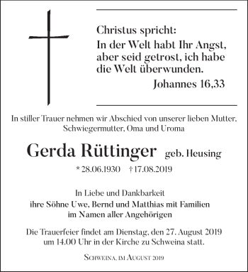 Traueranzeige von Gerda Rütinger von Südthüringer Presse