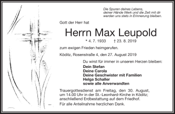 Traueranzeige von Max Leupold von Frankenpost