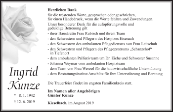 Traueranzeige von Ingrid Kunze von Südthüringer Presse