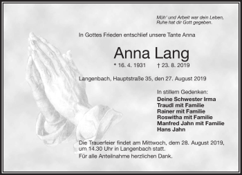 Traueranzeige von Anna Lang von Frankenpost