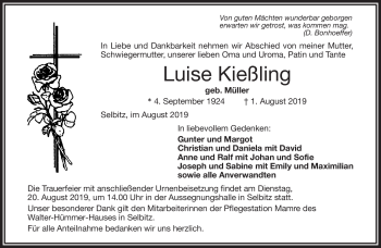 Traueranzeige von Luise Kießling von Frankenpost