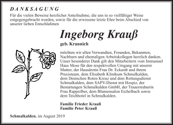 Traueranzeige von Ingeborg Krauß von Südthüringer Presse