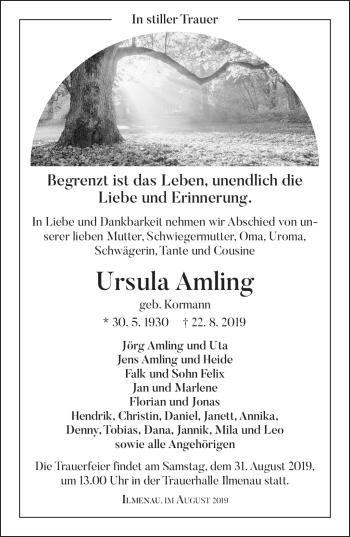 Traueranzeige von Ursula Amling von Südthüringer Presse