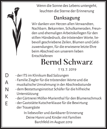 Traueranzeige von Bernd Schwarz von Südthüringer Presse