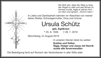 Traueranzeige von Ursula Schüzt von Frankenpost