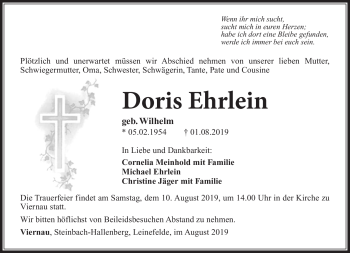 Traueranzeige von Doris Ehrlein von Südthüringer Presse