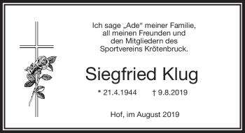 Traueranzeige von Siegfried Klug von Frankenpost