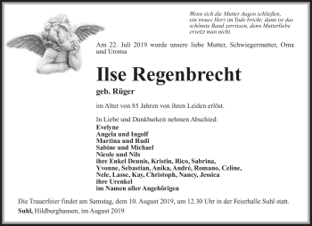 Traueranzeige von Ilse Regenbrecht von Südthüringer Presse