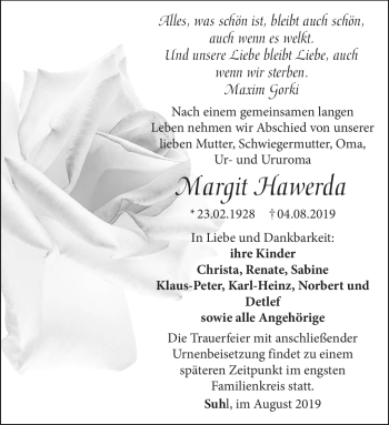Traueranzeige von Margit Hawerda von Südthüringer Presse