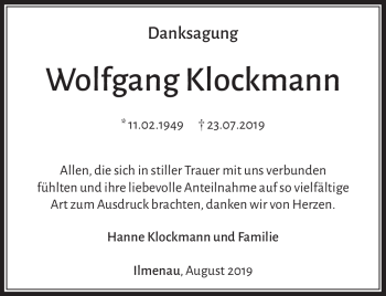 Traueranzeige von Wolfgang Klockmann von Südthüringer Presse