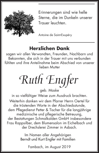 Traueranzeige von Ruth Engfer von Südthüringer Presse