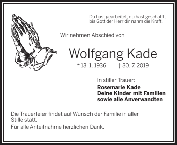Traueranzeige von Wolfgang Kade von Frankenpost