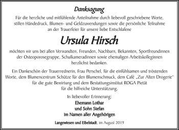 Traueranzeige von Ursula Hirsch von Südthüringer Presse