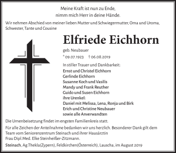 Traueranzeige von Elfriede Eichhorn von Südthüringer Presse