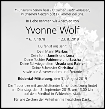 Traueranzeige von Yvonne Wolf von Neue Presse Coburg