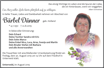 Traueranzeige von Bärbel Denner von Südthüringer Presse
