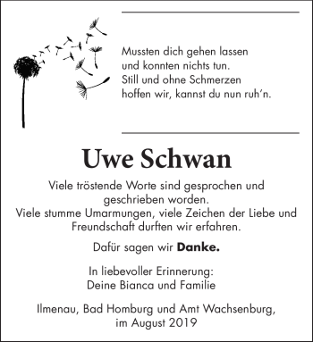 Traueranzeige von Uwe Schwan von Südthüringer Presse