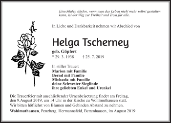 Traueranzeige von Helga Tscherney von Südthüringer Presse
