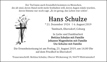 Traueranzeige von Hans Schulze von Neue Presse Coburg